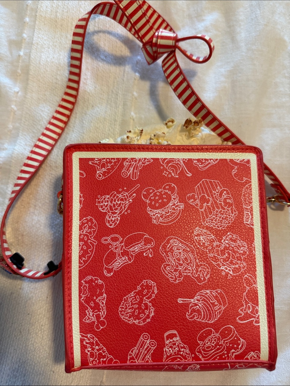 Disney Red Snack Print Crossbody with Striped Strap and Character Pin - Picture 7 of 9